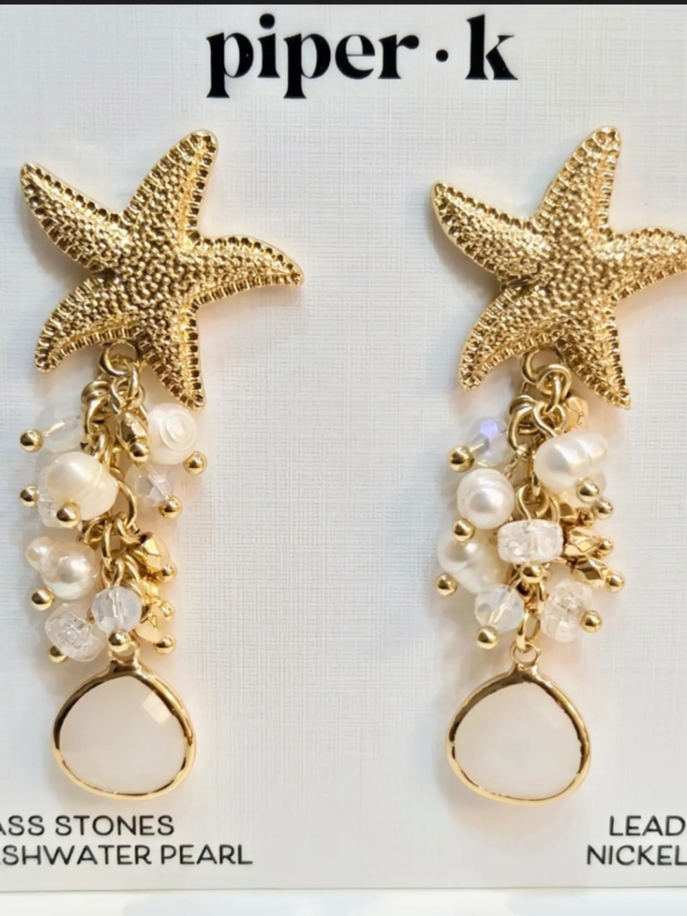 Piper K Gold Starfish & Pearl Glass Stones  Drop Cascading Earrings - White NIB